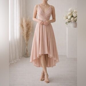 Monique Lhuillier Bridesmaids Double V-Neck High Low Dress in Blush Pink